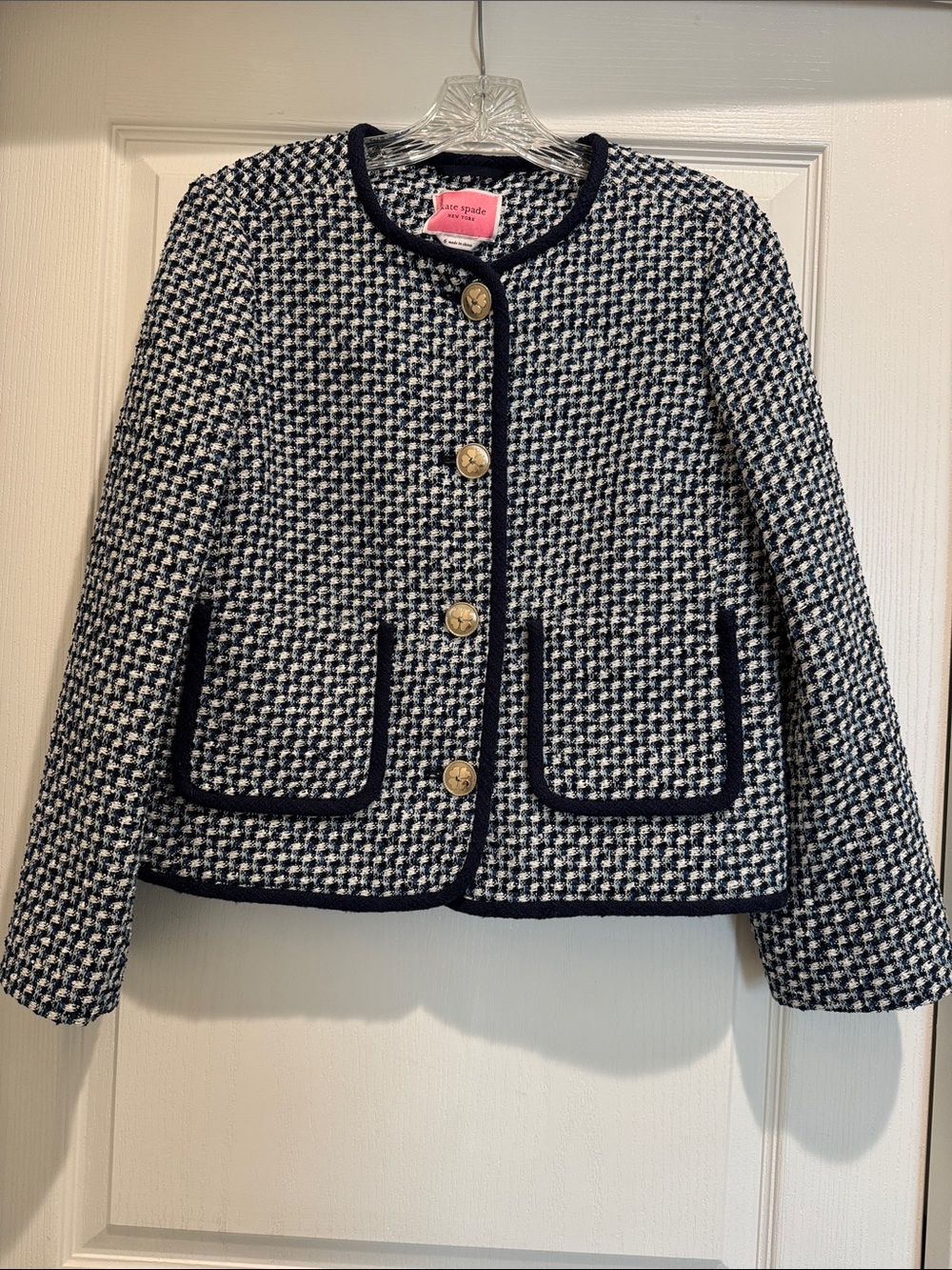 Kate Spade navy and white boucle tweed jacket with gold buttons. Size 6.